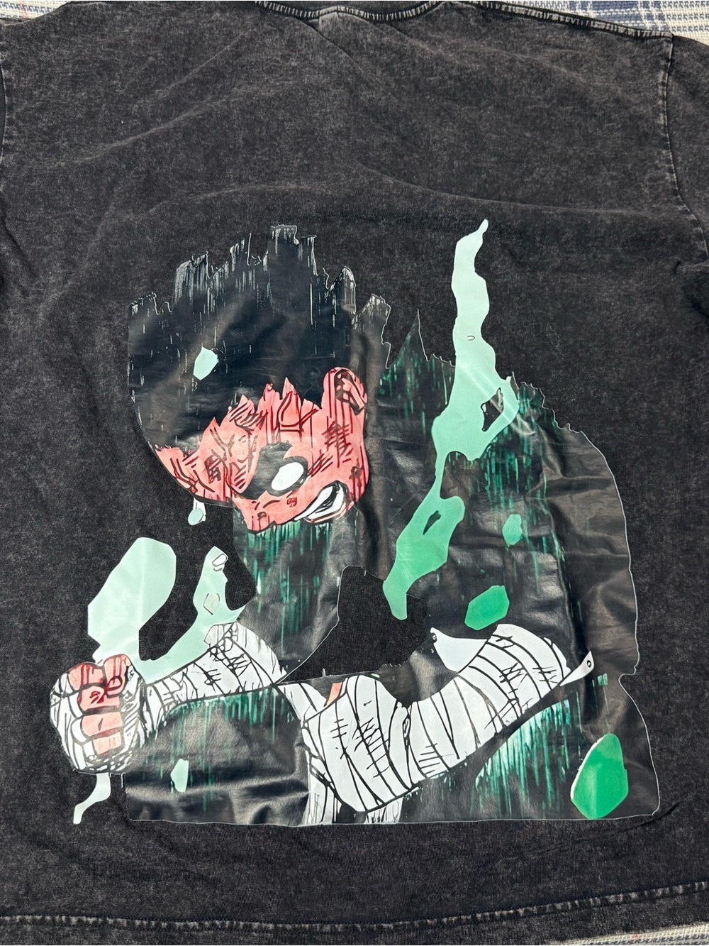 Black Washed Long Sleeve Tee with Vertical White Japanese Script